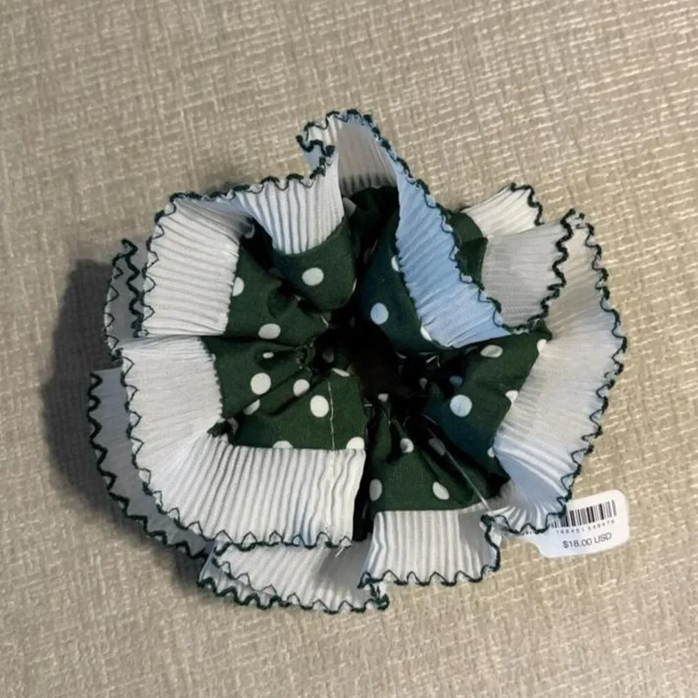 Free People Blue Valentine Scrunchie Hair Accessory Green White Polka Dot NEW